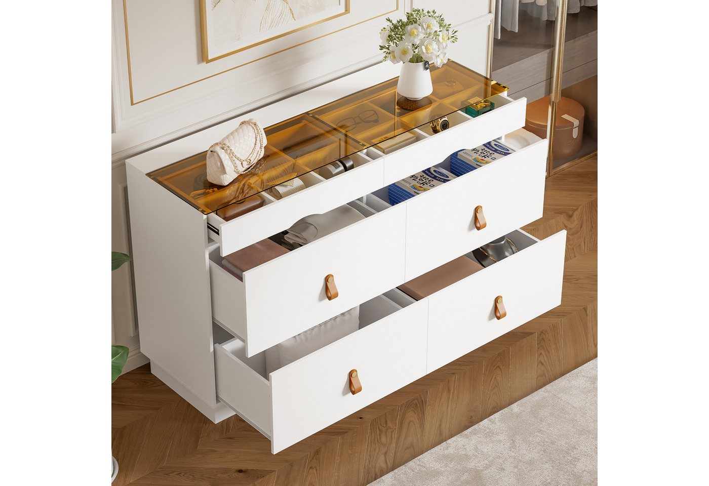 Flieks Kommode mit Glas-Arbeitsplatte, 6 Schubladen und Kunstledergriffen (1 St., B120/T40/H78 cm), Mehrzweckschrank Schmuckschrank Holzschrank Weiß – Bild 4 von 5