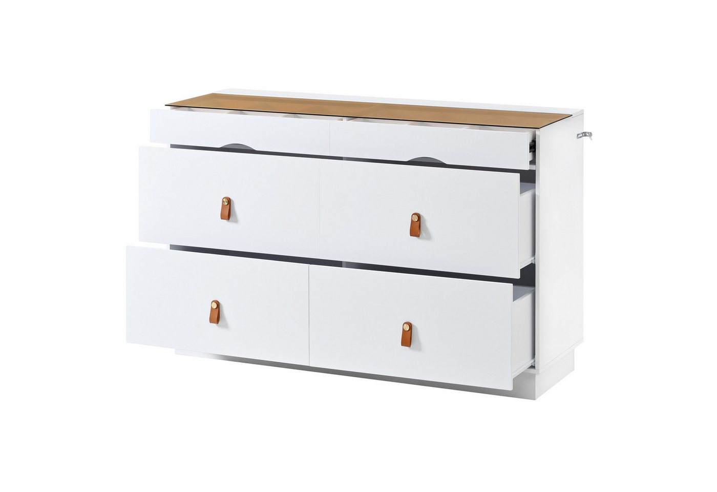 Flieks Kommode mit Glas-Arbeitsplatte, 6 Schubladen und Kunstledergriffen (1 St., B120/T40/H78 cm), Mehrzweckschrank Schmuckschrank Holzschrank Weiß – Bild 5 von 5