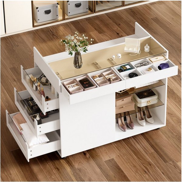 Flieks Kommode mit Glas-Arbeitsplatte & verstellbaren Glaseinlegeböden und Lenkrollen (1 St., B100/T60/H79 cm), Mehrzweckschrank Schmuckschrank Holzschrank mit 