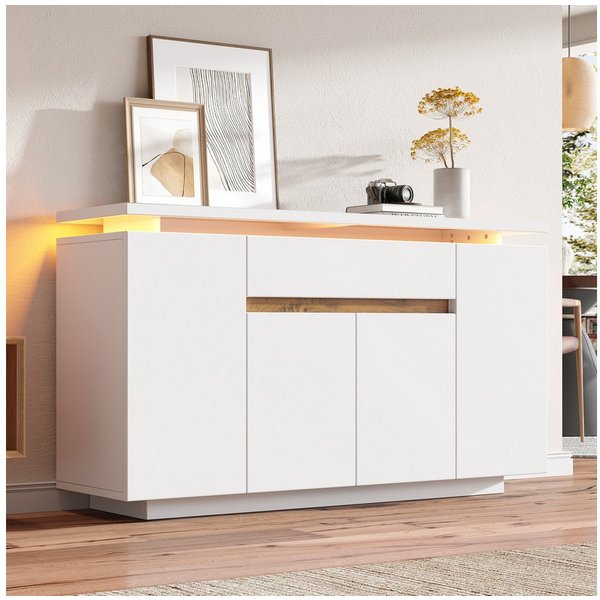 Flieks Kommode mit LED-Beleuchtung, 1 Schublade und 4 Türen (B140xT40xH80 cm, 2 St., Schrank für Wohnzimmer, Schlafzimmer und Esszimmer), Mehrzweckschrank Sideb