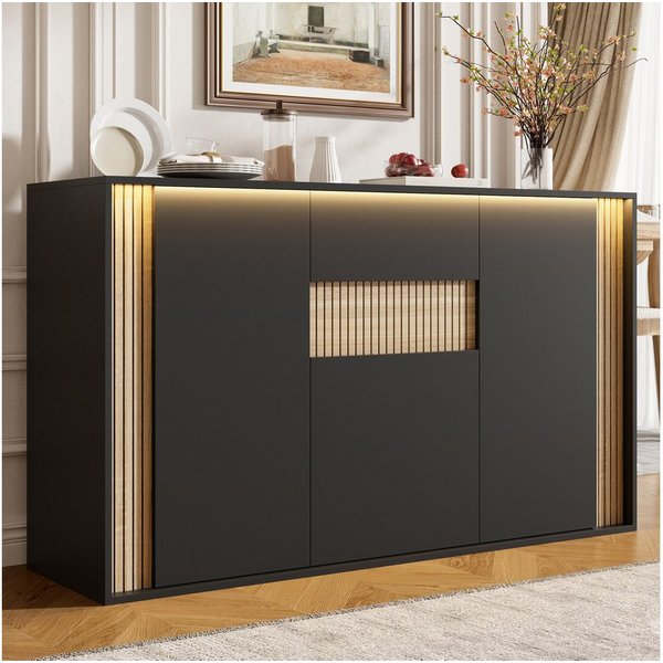 Flieks Kommode mit verstellbarer LED-Beleuchtung, 1 Schublade und 3 Türen (140×40×82 cm, 1 St), Sideboard Mehrzweckschrank Multifunktionsschrank Holzoptik&Schwa