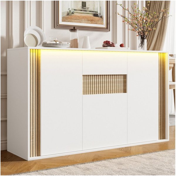 Flieks Kommode mit verstellbarer LED-Beleuchtung, 1 Schublade und 3 Türen (140×40×82 cm, 1 St), Sideboard Mehrzweckschrank Multifunktionsschrank Holzoptik&Weiß
