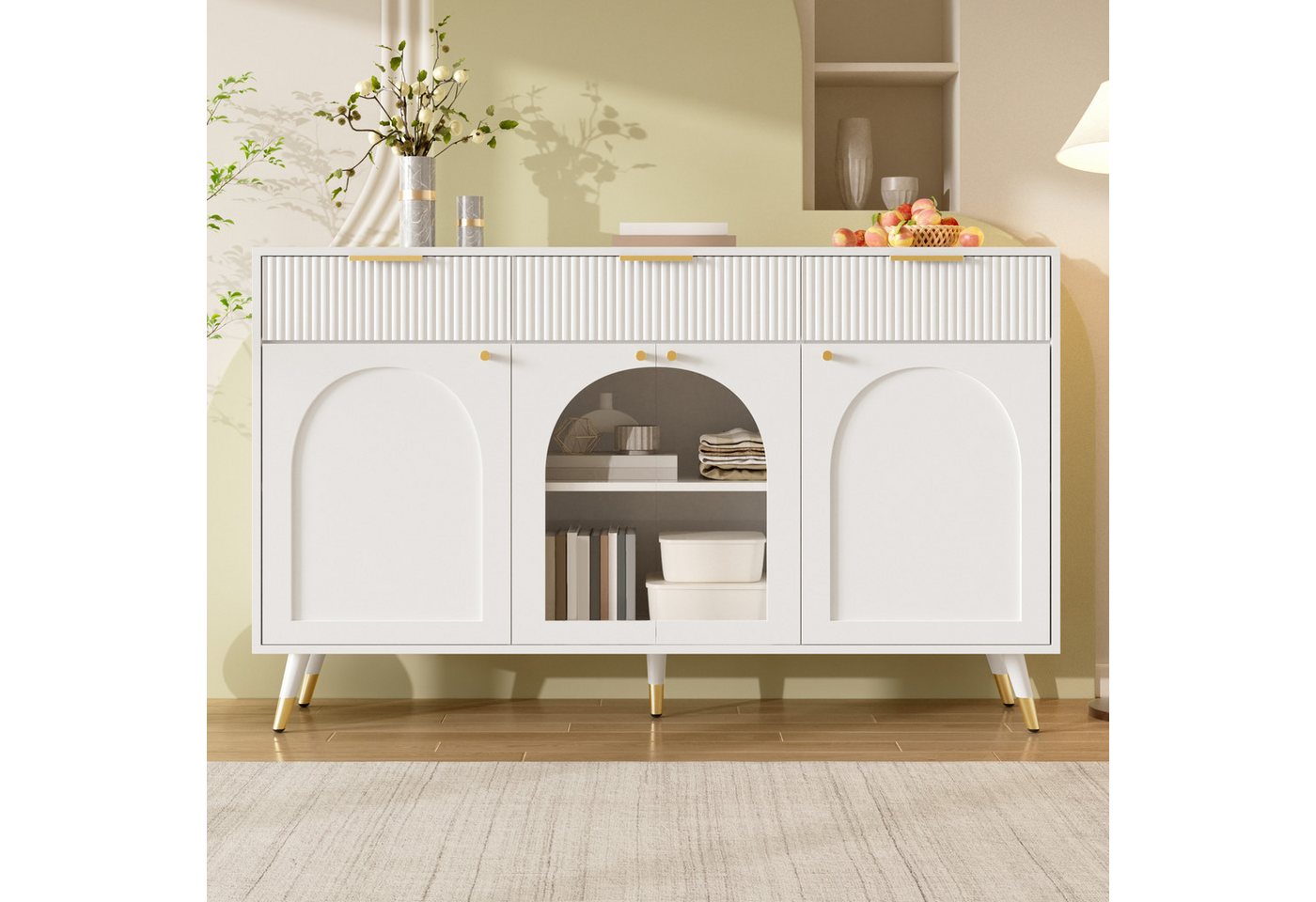 Flieks Kommode multifunktionaler Sideboard mit 3 Schubladen, 2 Acryl-Türen Modernstil (140x40x85,5 cm, 1 St., Schrank für Wohnzimmer, Schlafzimmer, Esszimmer),  – Bild 3 von 5