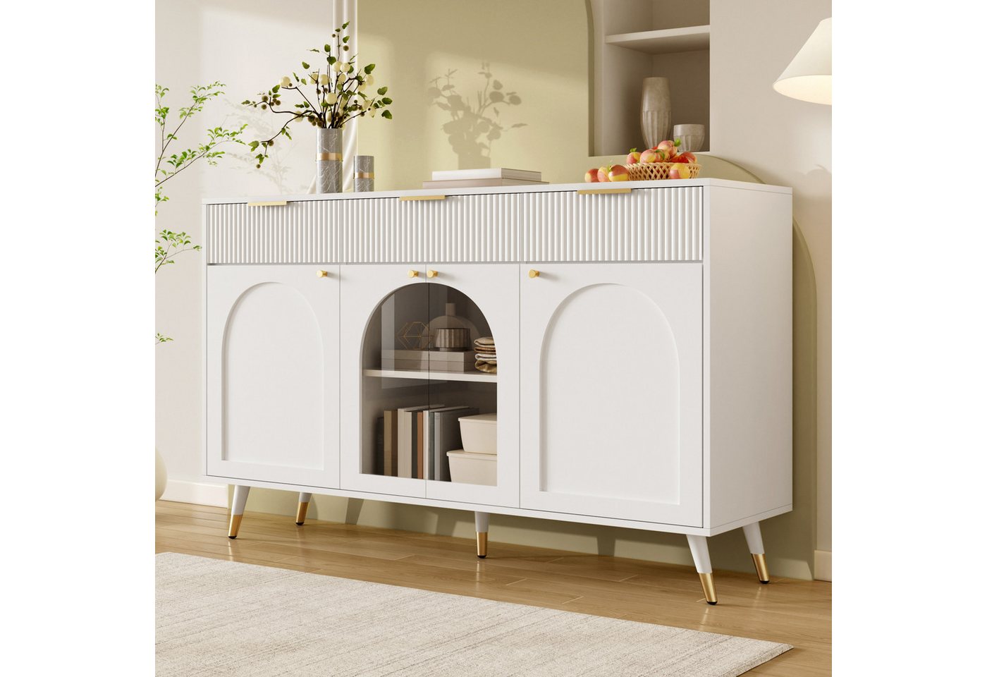 Flieks Kommode multifunktionaler Sideboard mit 3 Schubladen, 2 Acryl-Türen Modernstil (140x40x85,5 cm, 1 St., Schrank für Wohnzimmer, Schlafzimmer, Esszimmer),  – Bild 4 von 5