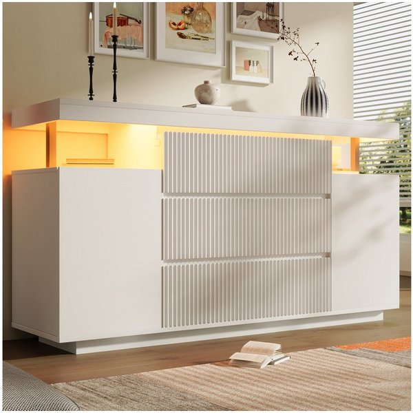 Flieks Kommode Sideboard mit LED-Beleuchtung, 6 Schubladen & 2 Türen, Riffelfronten (150x40x78 cm, 1 St), Mehrzweckschrank Wohnzimmerschrank mit verstellbarer E