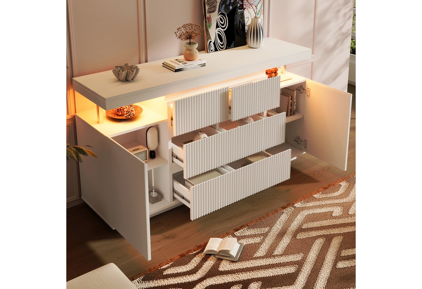 Flieks Kommode Sideboard mit LED-Beleuchtung, 6 Schubladen & 2 Türen, Riffelfronten (150x40x78 cm, 1 St), Mehrzweckschrank Wohnzimmerschrank mit verstellbarer E – Bild 3 von 5