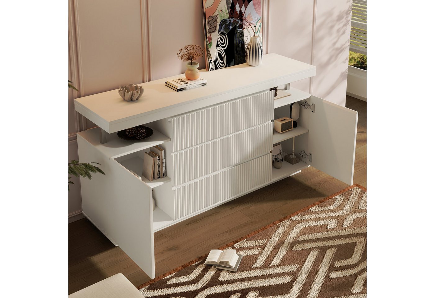 Flieks Kommode Sideboard mit LED-Beleuchtung, 6 Schubladen & 2 Türen, Riffelfronten (150x40x78 cm, 1 St), Mehrzweckschrank Wohnzimmerschrank mit verstellbarer E – Bild 4 von 5