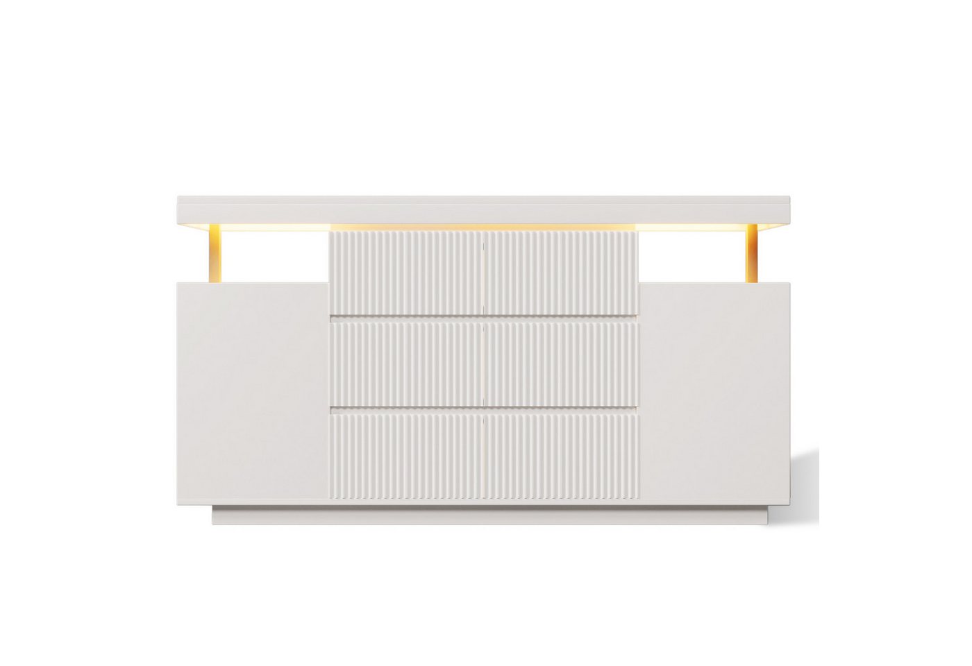 Flieks Kommode Sideboard mit LED-Beleuchtung, 6 Schubladen & 2 Türen, Riffelfronten (150x40x78 cm, 1 St), Mehrzweckschrank Wohnzimmerschrank mit verstellbarer E – Bild 5 von 5