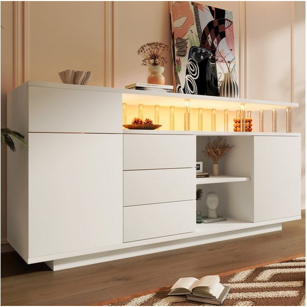 Flieks Kommode Sideboard mit LED-Beleuchtung, Acryl-Stützen und Schubladen (160x40x75 cm, 1 St., Multifunktionsschrank für Wohnzimmer, Schlafzimmer, Esszimmer),