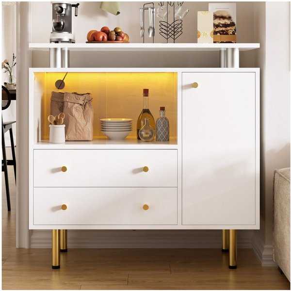Flieks Kommode Sideboard mit LED-Beleuchtung, 2 Glasschiebetüren und 2 Schubladen (1 St., 80×35×80 cm), Mehrzweckschrank Wohnzimmerschrank Weiß, Metallgriffen u