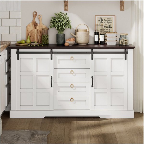Flieks Kommode Sideboard mit Schubladen, Schiebetür & Walnussholzfarbe Arbeitsplatte (1 St., B150/T40/H85 cm), Mehrzweckschrank mit verstellbaren Einlegeböden L
