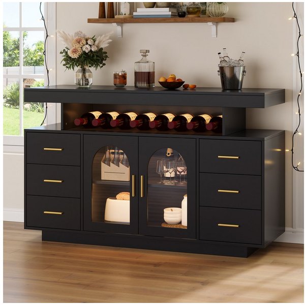 Flieks Kommode Weinschrank mit LED-Beleuchtung, 6 Schubladen, 2 Glastüren Sideboard (B140/T40/H82 cm, 1 St., Schrank für Wohnzimmer, Esszimmer, Schlafzimmer), M
