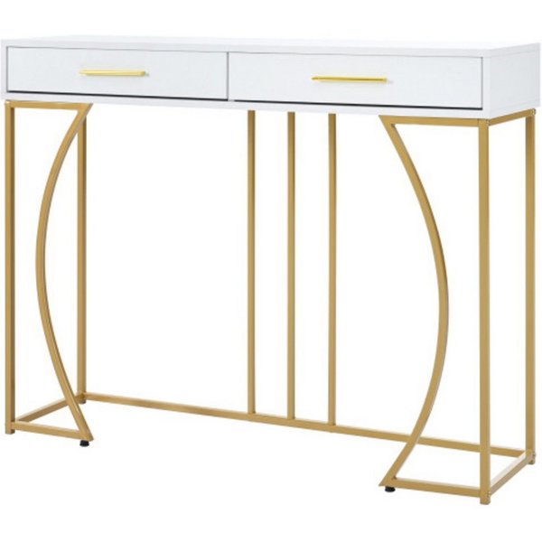 Flieks Konsolentisch (1-St., 110x32x85 cm), Flurtisch mit 2 Schublade Beistelltisch Sofatisch, Weiß/Gold