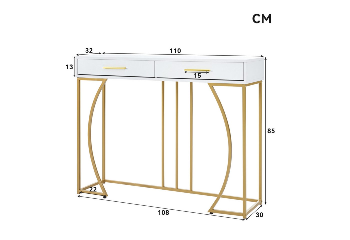 Flieks Konsolentisch (1-St., 110x32x85 cm), Flurtisch mit 2 Schublade Beistelltisch Sofatisch, Weiß/Gold – Bild 3 von 5