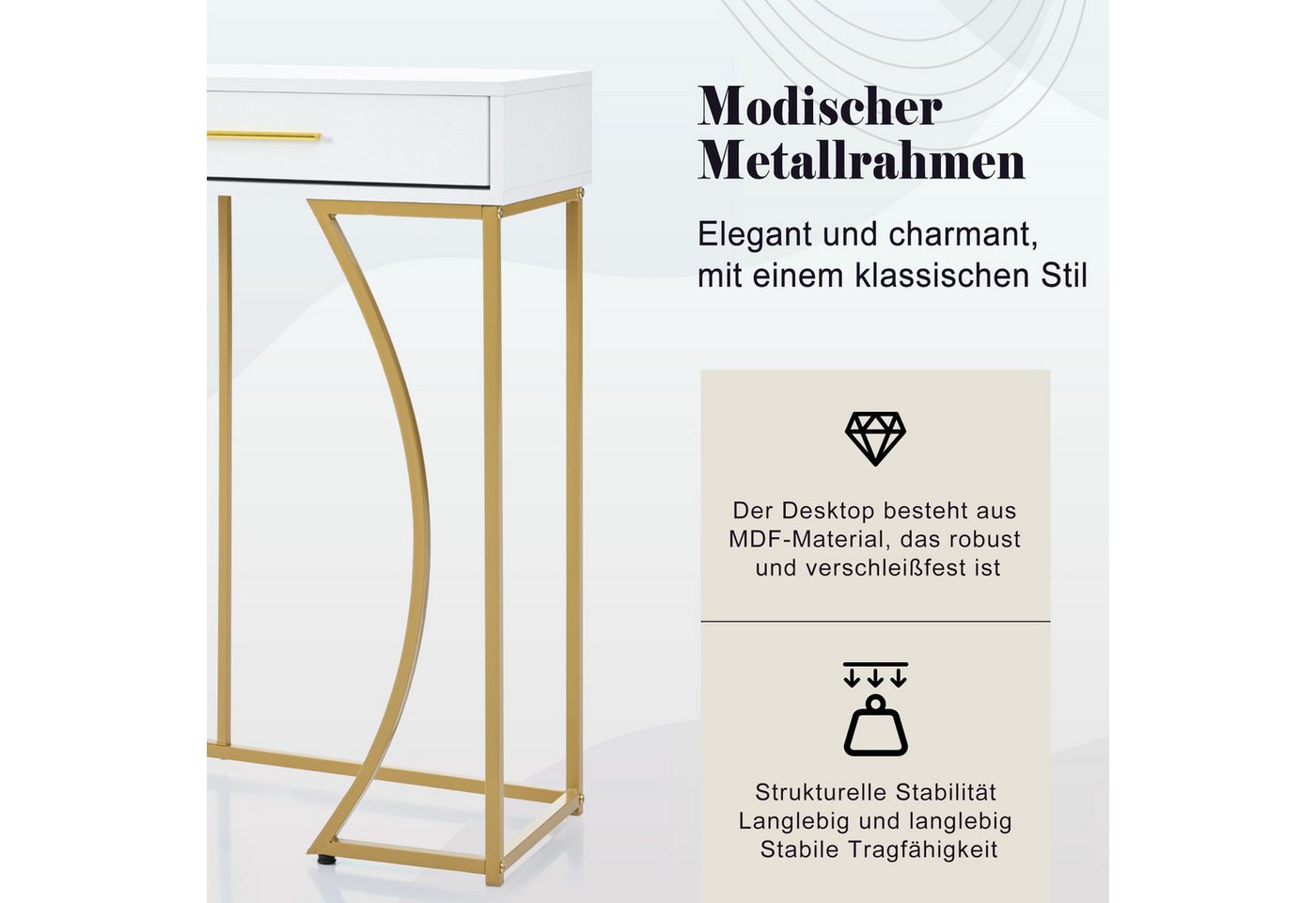 Flieks Konsolentisch (1-St., 110x32x85 cm), Flurtisch mit 2 Schublade Beistelltisch Sofatisch, Weiß/Gold – Bild 4 von 5