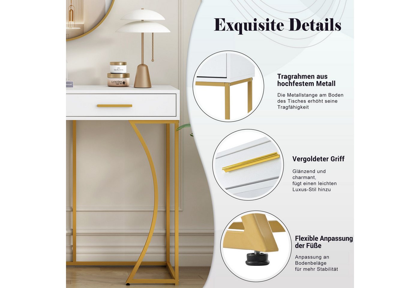 Flieks Konsolentisch (1-St., 110x32x85 cm), Flurtisch mit 2 Schublade Beistelltisch Sofatisch, Weiß/Gold – Bild 5 von 5