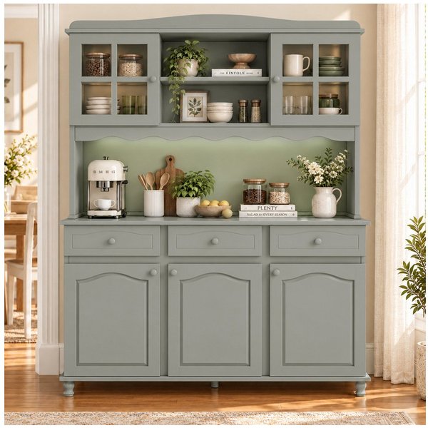 Flieks Küchenbuffet Hochschrank Glasvitrine mit Arbeitsplatte, Steckdosen, LED-Beleuchtung (B135/T40/H185 cm, 1-St., verstellbare Einlegeböden, Retro-Rohrfuß, L