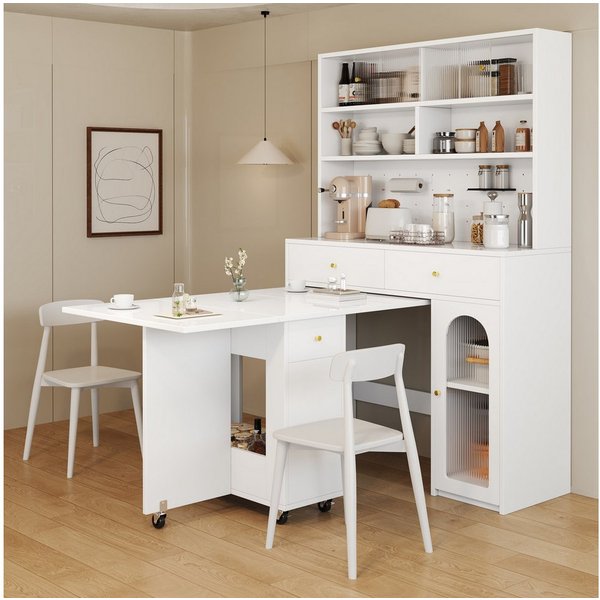 Flieks Küchenbuffet Hochschrank inkl. klappbar & beweglich Esstisch mit Rollen (Set, 2-St., Buffetmaße: 120x45x180 cm, Tischplattemaße: 40/80/120x75x75 cm) Küch