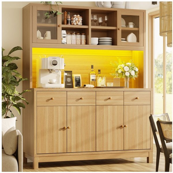 Flieks Küchenbuffet Hochschrank mit App-gesteuerter RGB-LED, Glastüren, 4 Schubladen (mit Arbeitsplatte in Holzoptik, 1-St., 140x40x180 cm) Küchenschrank Mehrzw