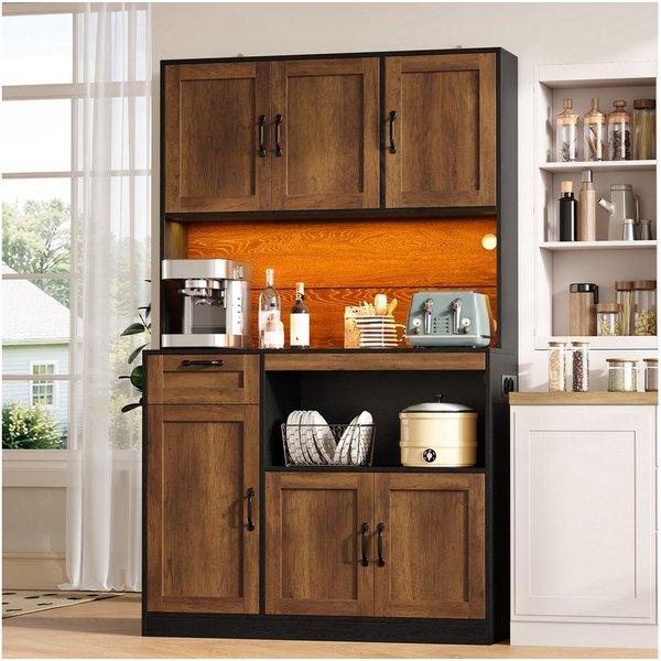 Flieks Küchenbuffet Hochschrank mit Arbeitsplatte, LED-Beleuchtung, Steckdosen Landhaus (110x40x180 cm, 1-St) Vorratsschrank Mehrzweckschrank mit verstellbarer 