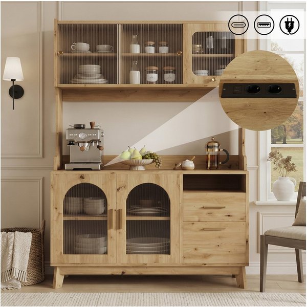 Flieks Küchenbuffet Hochschrank mit Arbeitsplatte, Steckdosen, Acryl-Schiebetüren (B120xT40xH178 cm, 1-St) Küchenschrank Mehrzweckschrank mit verstellbare Ablag