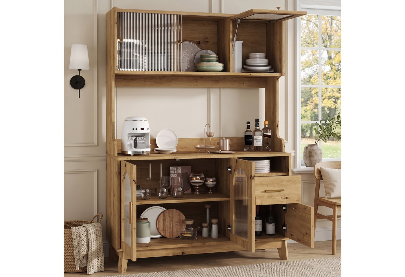 Flieks Küchenbuffet Hochschrank mit Arbeitsplatte, Steckdosen, Acryl-Schiebetüren (B120xT40xH178 cm, 1-St) Küchenschrank Mehrzweckschrank mit verstellbare Ablag – Bild 2 von 5