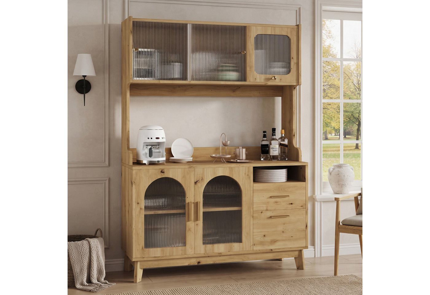Flieks Küchenbuffet Hochschrank mit Arbeitsplatte, Steckdosen, Acryl-Schiebetüren (B120xT40xH178 cm, 1-St) Küchenschrank Mehrzweckschrank mit verstellbare Ablag – Bild 3 von 5