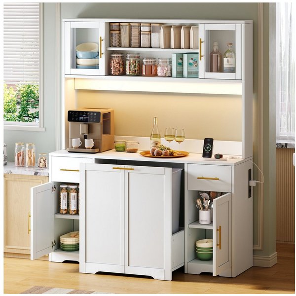 Flieks Küchenbuffet Hochschrank mit Arbeitsplatte, Steckdosen, ausziehbaren Abfalleimern (B140/T40/H173 cm, 1-St) Mehrzweckschrank mit doppeltem Müllfach, verst