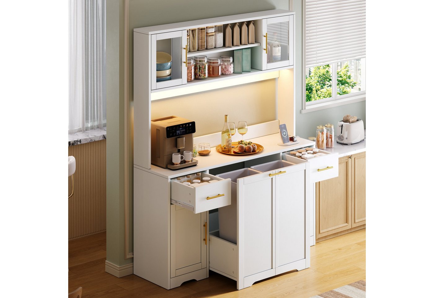 Flieks Küchenbuffet Hochschrank mit Arbeitsplatte, Steckdosen, ausziehbaren Abfalleimern (B140/T40/H173 cm, 1-St) Mehrzweckschrank mit doppeltem Müllfach, verst – Bild 2 von 5
