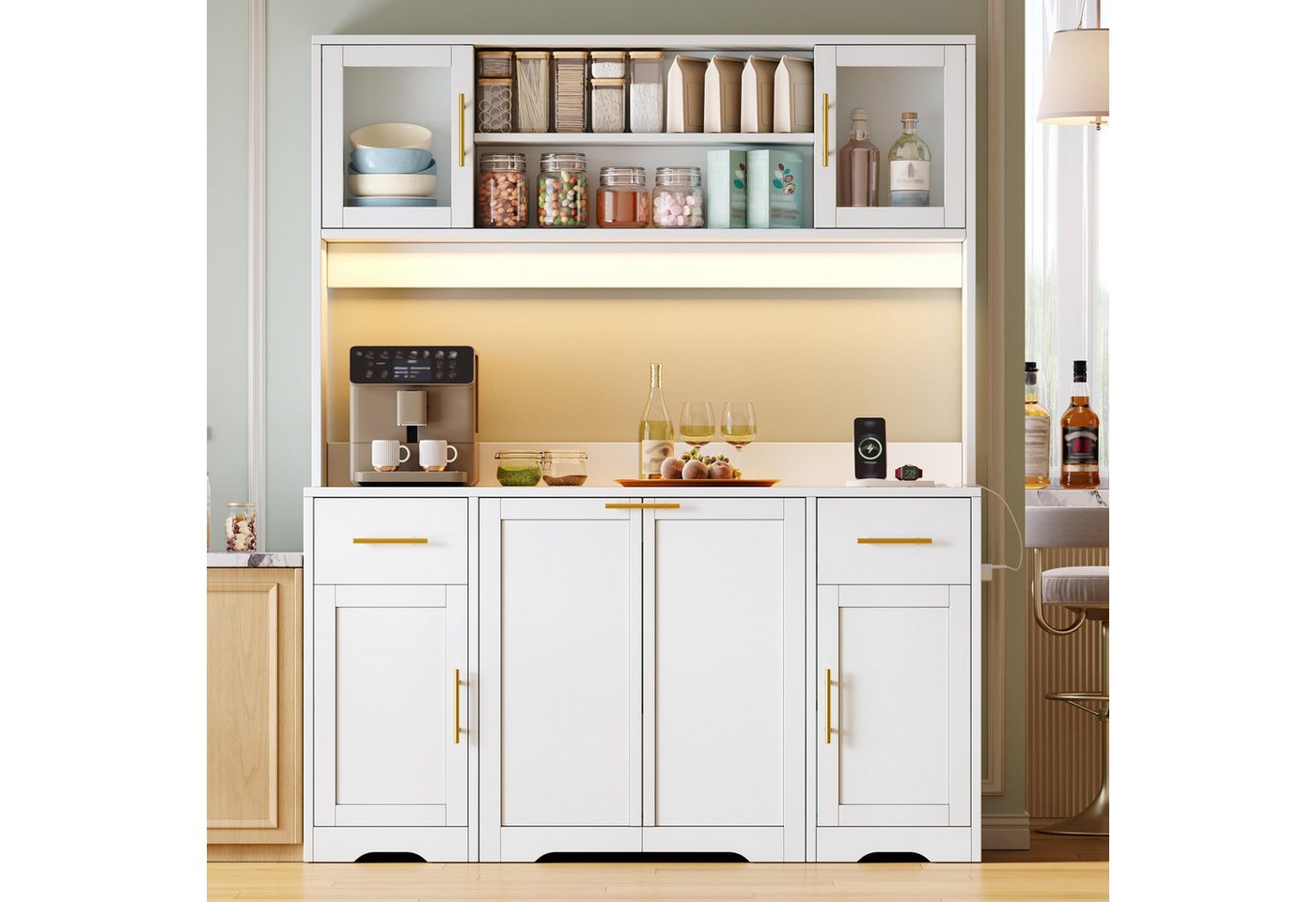 Flieks Küchenbuffet Hochschrank mit Arbeitsplatte, Steckdosen, ausziehbaren Abfalleimern (B140/T40/H173 cm, 1-St) Mehrzweckschrank mit doppeltem Müllfach, verst – Bild 3 von 5
