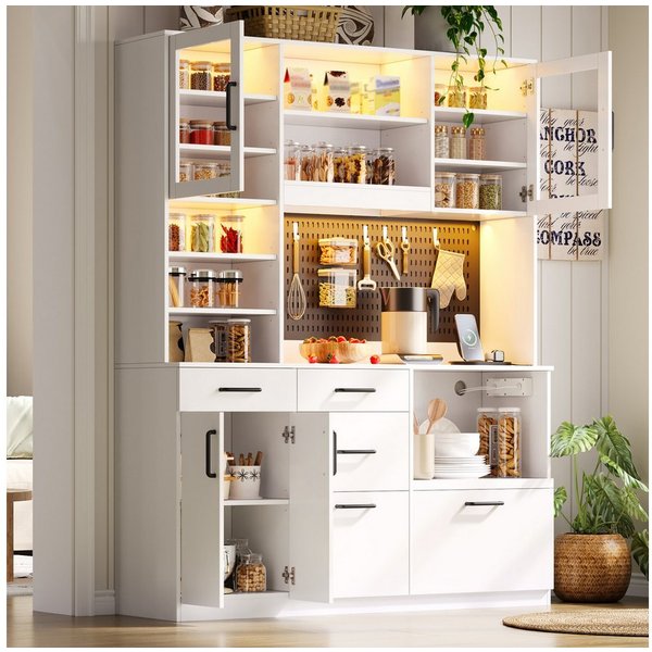 Flieks Küchenbuffet Hochschrank mit Arbeitsplatte, LED-Beleuchtung, Lochplatte, Steckdosen (B145/T40/H185 cm, 1-St) Küchenschrank Mehrzweckschrank mit verstellb