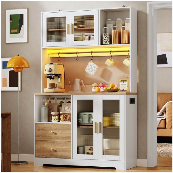 Flieks Küchenbuffet Hochschrank mit Arbeitsplatte in Holzoptik, Steckdose, LED-Beleuchtung (B110/T40/H178 cm, 1-St., Multifunktionsschrank mit Haken, Ladenfunkt