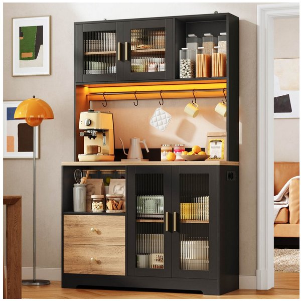 Flieks Küchenbuffet Hochschrank mit Arbeitsplatte in Holzoptik, Steckdose, LED-Beleuchtung (B110/T40/H178 cm, 1-St., Multifunktionsschrank mit Haken, Ladenfunkt
