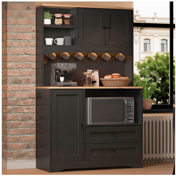 Flieks Küchenbuffet Hochschrank mit LED-Beleuchtung, Steckdosen, 6 Haken, Türablagen (Ladefunktion, verstellbare Einlegeböden, 1-St., B100xT40xH163 cm) Küchensc