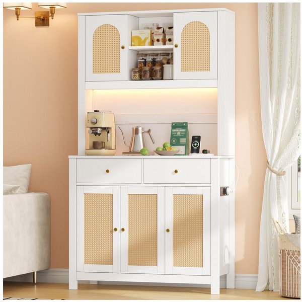 Flieks Küchenbuffet Hochschrank mit LED-Beleuchtung, Steckdosen, Rattantüren, 2 Schubladen (Ladefunktion, 1-St., B100xT40xH180 cm) Küchenschrank Mehrzweckschran
