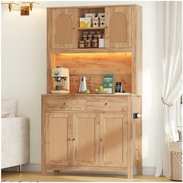 Flieks Küchenbuffet Hochschrank mit LED-Beleuchtung, Steckdosen, Rattantüren, 2 Schubladen (Ladefunktion, 1-St., B100xT40xH180 cm) Küchenschrank Mehrzweckschran