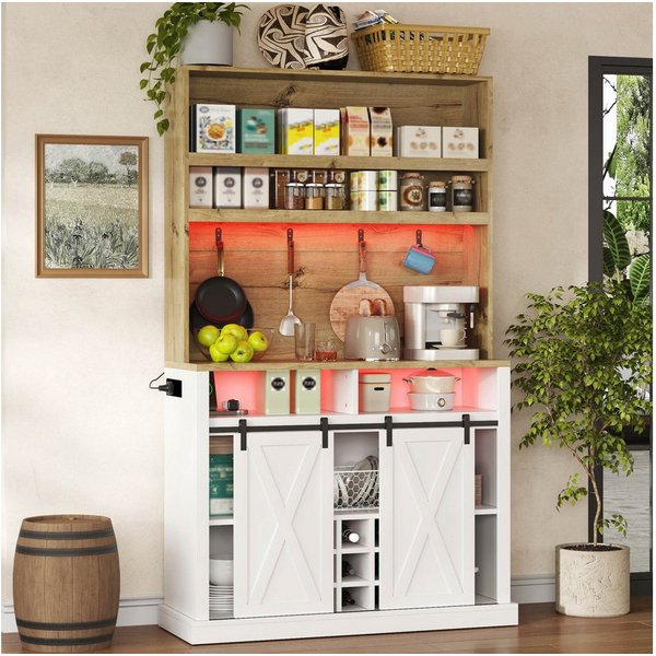 Flieks Küchenbuffet Hochschrank mit LED-Beleuchtung, Steckdose, Haken, Weinregal (1-St., B110/T42/H191 cm) Küchenschrank mit Arbeitsplatte in Holzoptik Mehrzwec