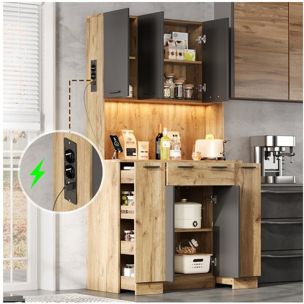 Flieks Küchenbuffet Hochschrank mit LED-Beleuchtung, Steckdose, 4-stöckiges Ausziehablagen (B100/T40/H180 cm, 1-St) Mehrzweckschrank Küchenschrank mit verstellb
