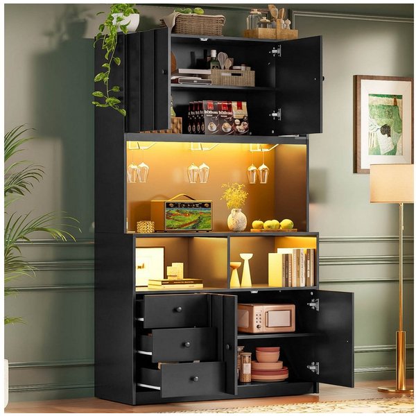 Flieks Küchenbuffet Hochschrank mit LED-Beleuchtung, Steckdose, Gläserhalter Landhausstil (B100/T40/H180 cm, 1-St) Küchenschrank Mehrzweckschrank mit verstellba