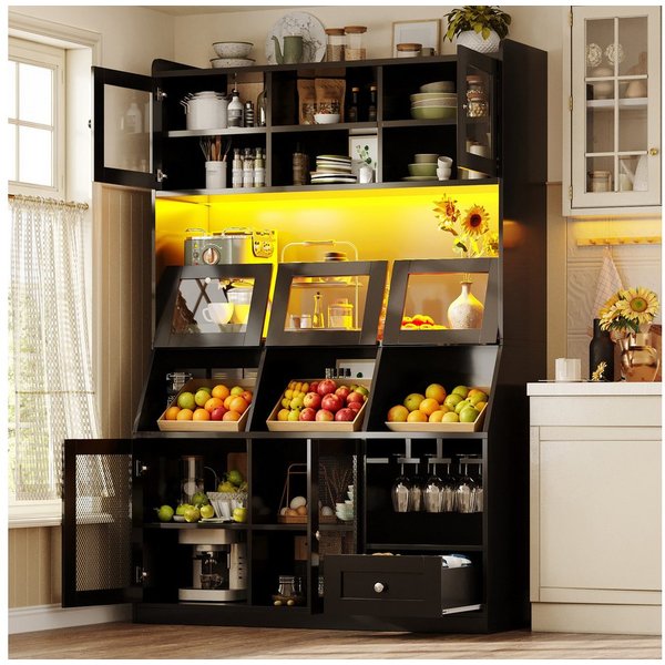 Flieks Küchenbuffet Hochschrank mit USB-Anschluss, LED-Beleuchtung und Glastüren (120x40x181,7 cm, 1-St) Multifunktionsschrank Mehrzweckschrank mit verstellbare