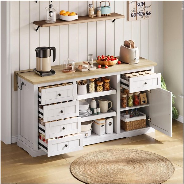 Flieks Küchenbuffet Kücheninsel mit Steckdosen und erweiterbaren Arbeitsplatte Weiß (B150/T45-65/H75,5 cm, 1-St., Schrank mit verstellbaren Einlegeböden) Küchen