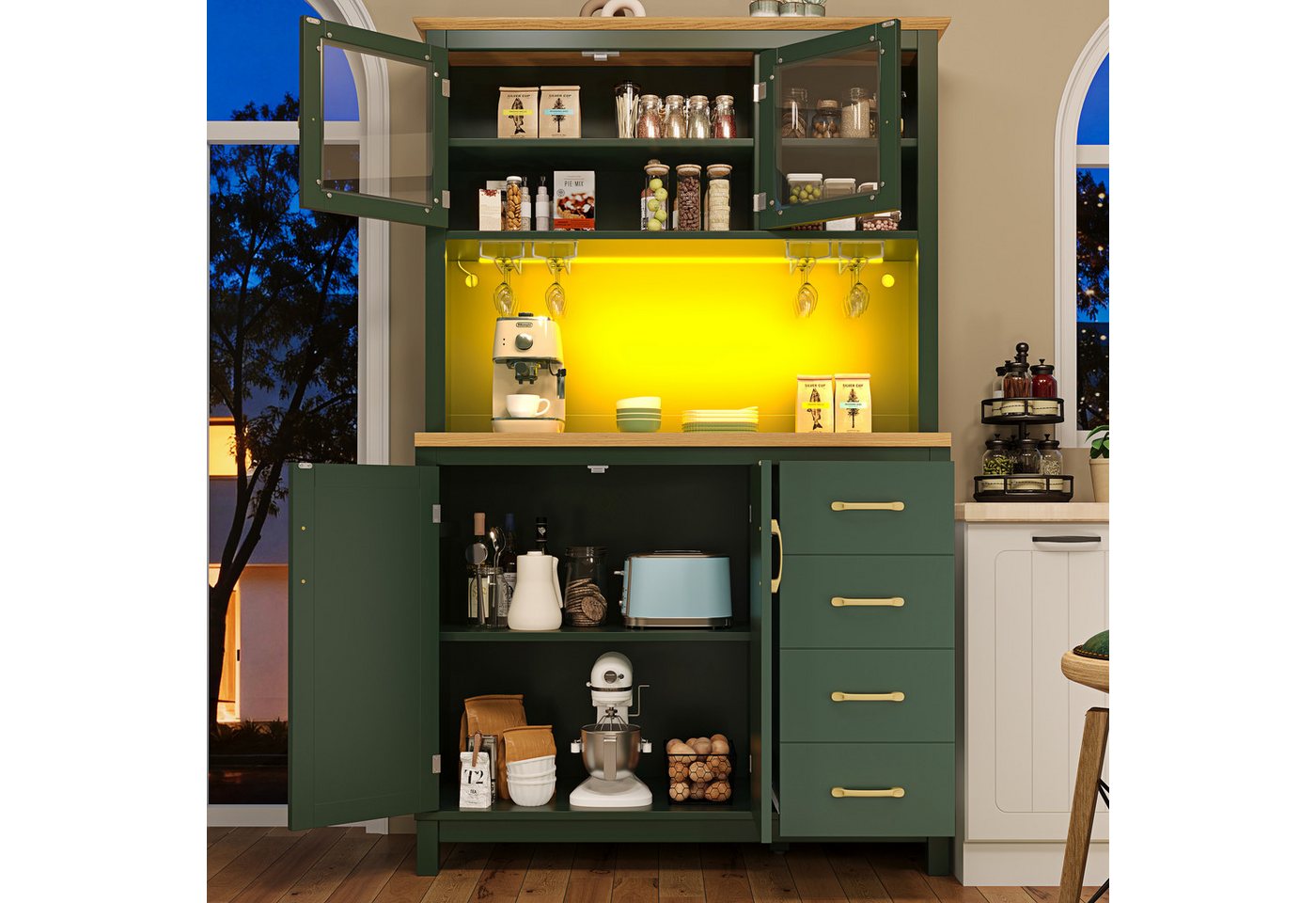Flieks Küchenbuffet mit Arbeitsplatte in Holzoptik, LED-Beleuchtung, Glastür und Schublade (1-St., B105,5/T40/H180 cm) Hochschrank Küchenschrank Mehrzweckschran – Bild 2 von 5