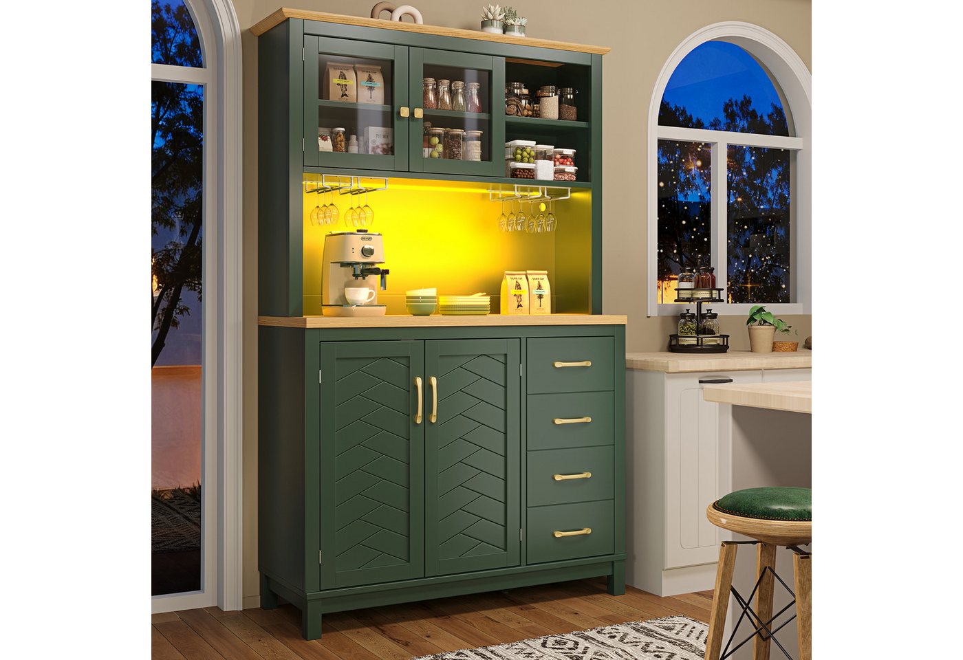 Flieks Küchenbuffet mit Arbeitsplatte in Holzoptik, LED-Beleuchtung, Glastür und Schublade (1-St., B105,5/T40/H180 cm) Hochschrank Küchenschrank Mehrzweckschran – Bild 3 von 5