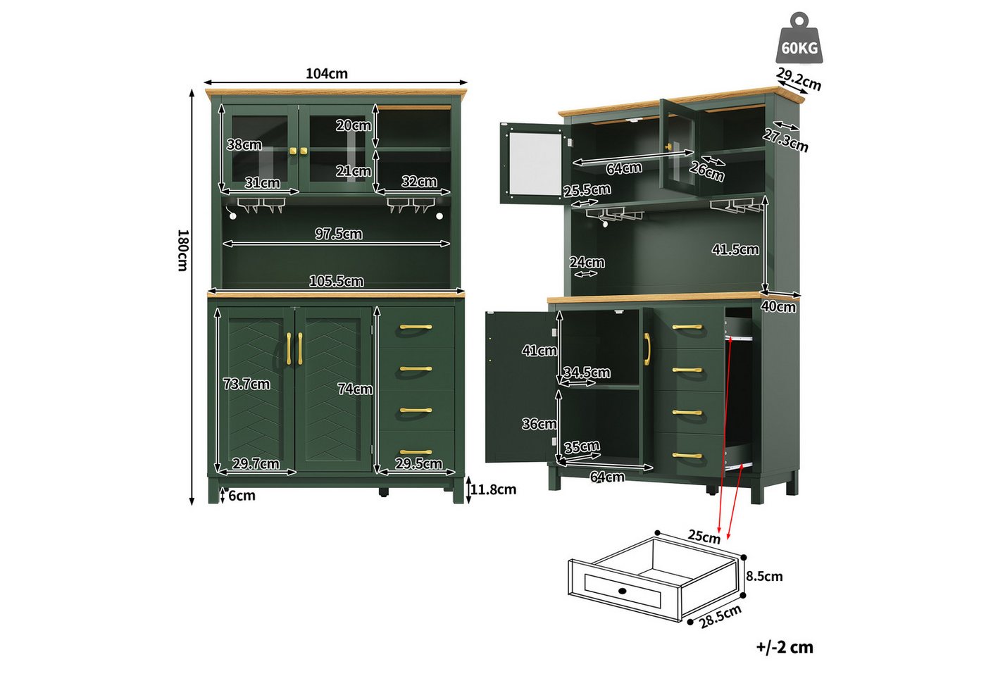 Flieks Küchenbuffet mit Arbeitsplatte in Holzoptik, LED-Beleuchtung, Glastür und Schublade (1-St., B105,5/T40/H180 cm) Hochschrank Küchenschrank Mehrzweckschran – Bild 5 von 5