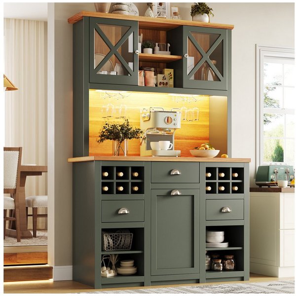 Flieks Küchenbuffet mit Arbeitsplatte in Holzoptik, Steckdosen und LED-Beleuchtung (B120/T45/H188 cm, 1-St) Küchenschrank mit verstellbarer Einlegeböden Hochsch