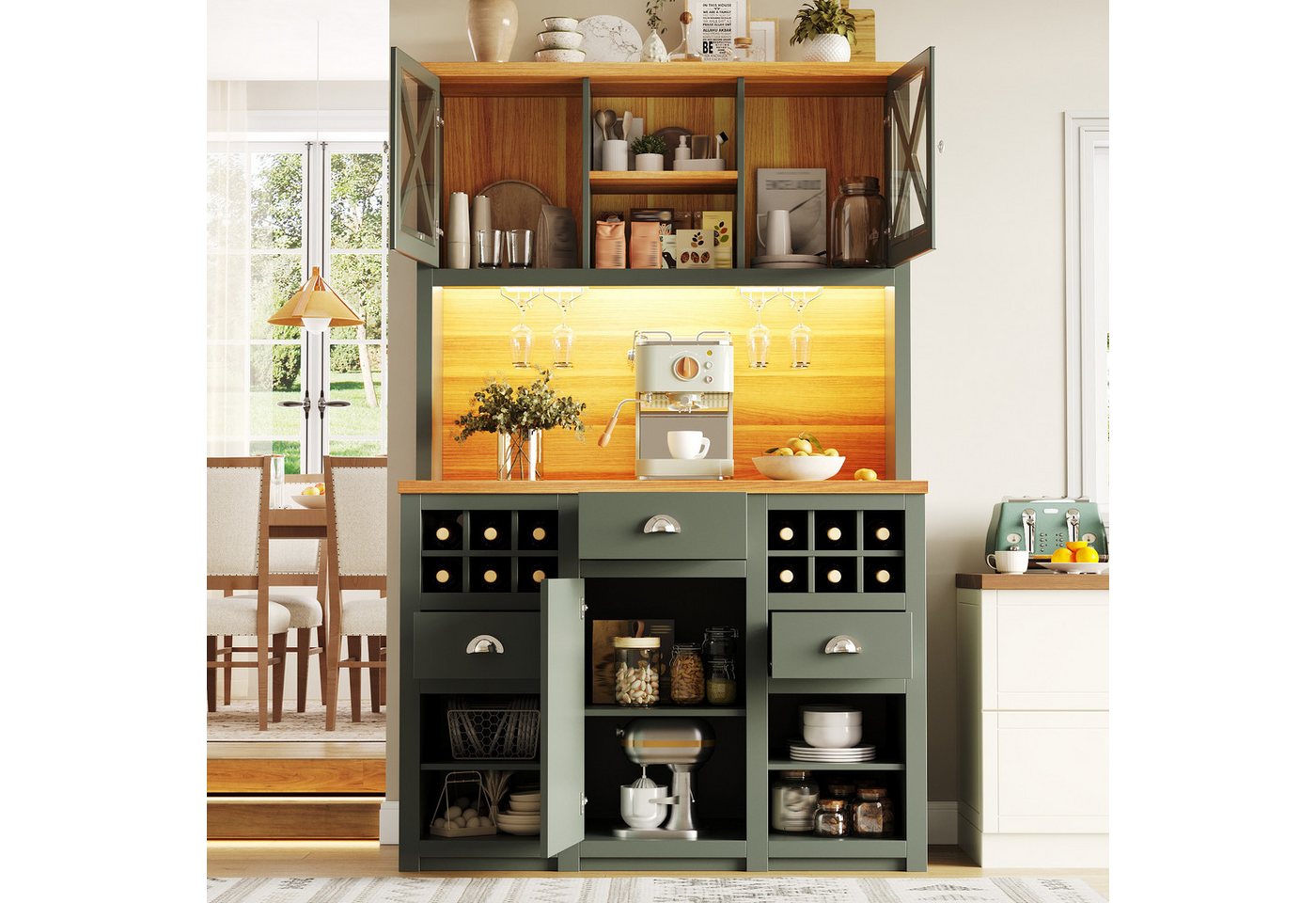 Flieks Küchenbuffet mit Arbeitsplatte in Holzoptik, Steckdosen und LED-Beleuchtung (B120/T45/H188 cm, 1-St) Küchenschrank mit verstellbarer Einlegeböden Hochsch – Bild 2 von 5