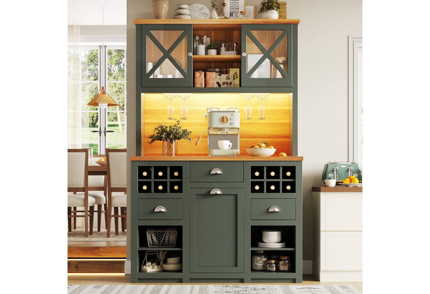 Flieks Küchenbuffet mit Arbeitsplatte in Holzoptik, Steckdosen und LED-Beleuchtung (B120/T45/H188 cm, 1-St) Küchenschrank mit verstellbarer Einlegeböden Hochsch – Bild 3 von 5