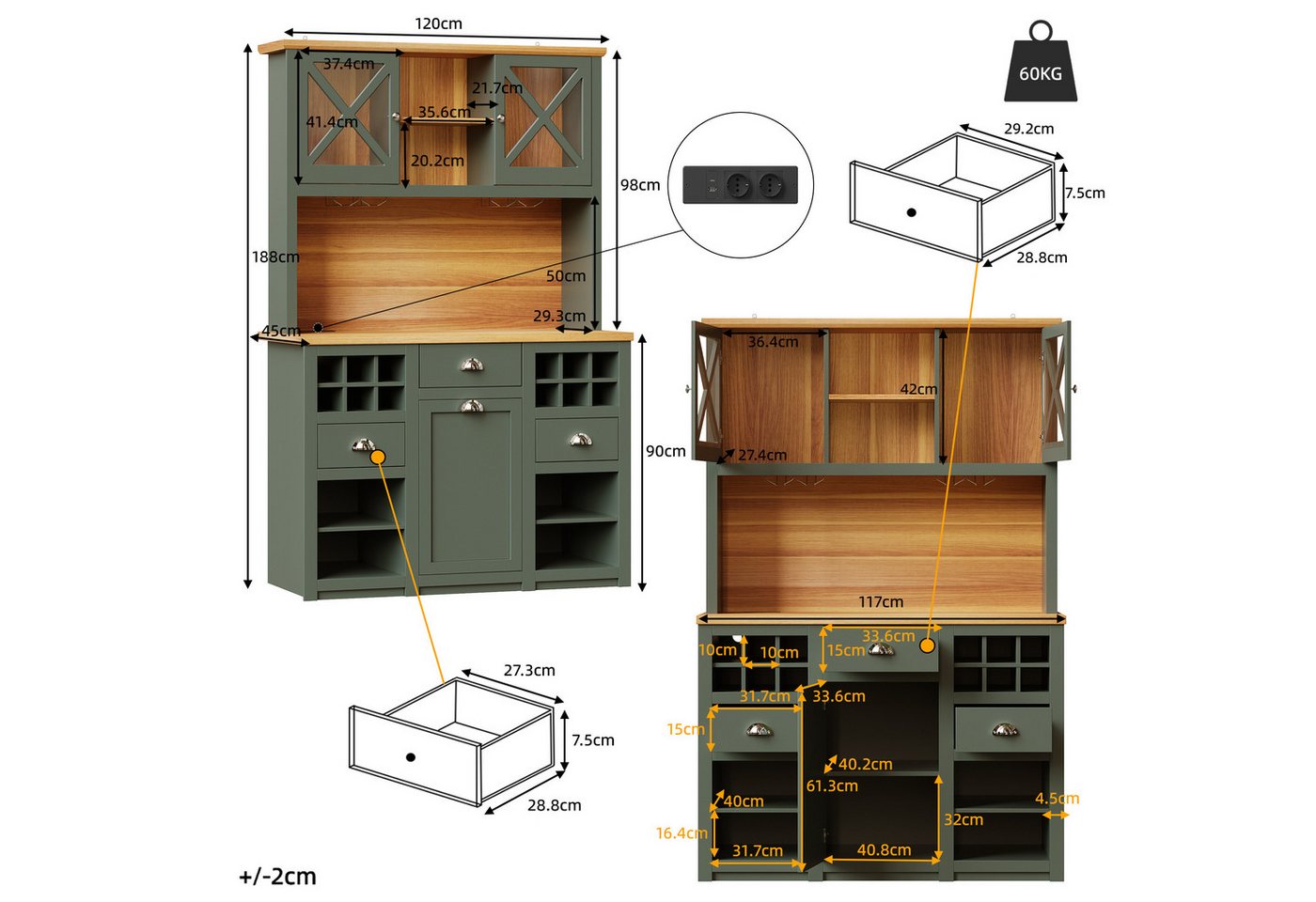 Flieks Küchenbuffet mit Arbeitsplatte in Holzoptik, Steckdosen und LED-Beleuchtung (B120/T45/H188 cm, 1-St) Küchenschrank mit verstellbarer Einlegeböden Hochsch – Bild 5 von 5