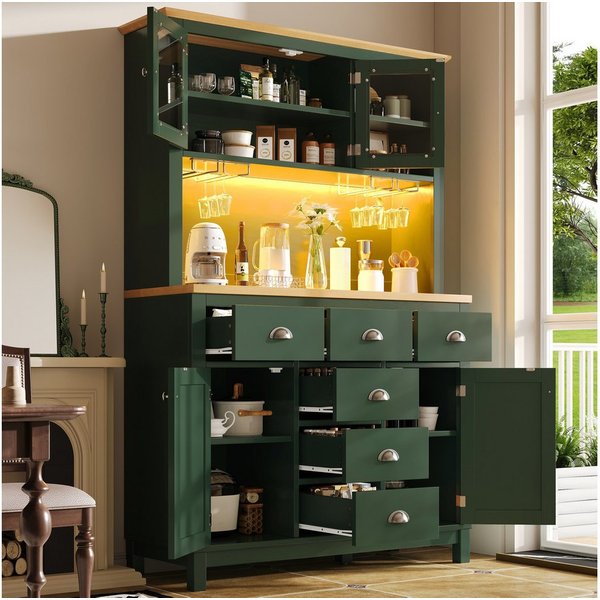 Flieks Küchenbuffet mit Arbeitsplatte in Holzoptik Natur & LED-Beleuchtung in Retro-Stil (1-St., B104/T40/H180 cm) Hochschrank Küchenschrank mit Gläserhalter, S