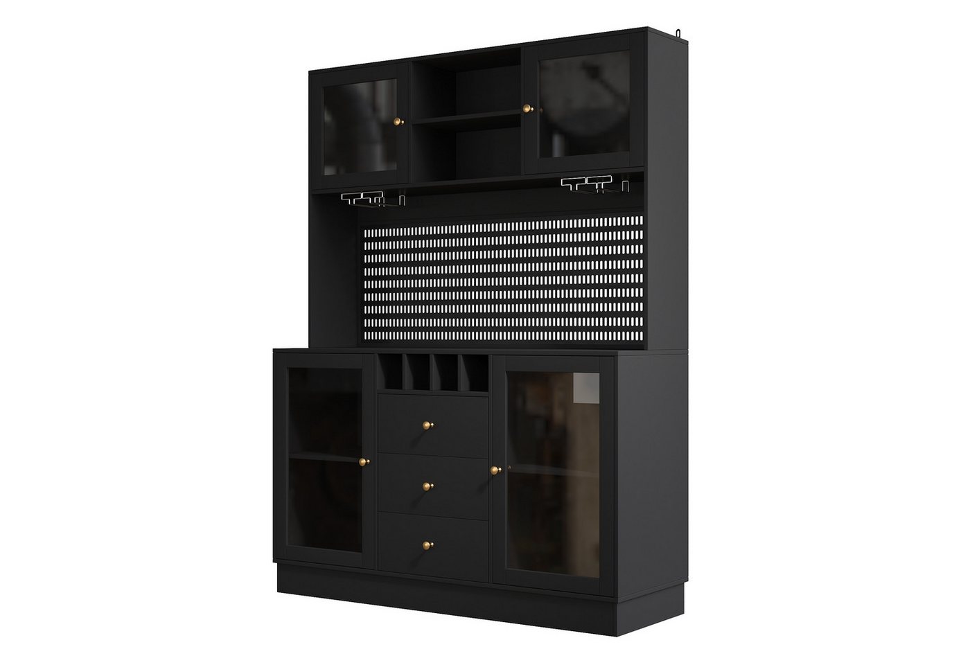 Flieks Küchenbuffet mit LED-Beleuchtung, Lochwand, Glastüren und Gläserhalter (1-St., 140x40x185,7 cm) Hochschrank Küchenschrank Geschirrschrank mit Arbeitsplat – Bild 4 von 5